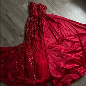 Ava Presley red prom dress with satin train style 28291